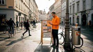 Mann erfasst, wie viele Menschen an der Werbetafel vorbeigehen