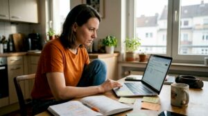 Eine Frau sitzt am Küchentisch und arbeitet konzentriert an der Planung ihrer nächsten digitalen Werbekampagne.