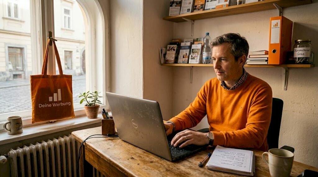 Ein selbstständiger Unternehmer sitzt konzentriert am Laptop und arbeitet an seinen Projekten.