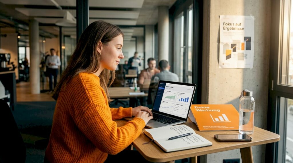Eine Unternehmerin wirft einen kritischen Blick auf ihre aktuelle Werbekampagne am Arbeitsplatz.