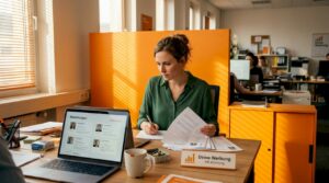 Eine HR-Managerin sichtet Bewerbungsunterlagen bei Tageslicht im Büro.