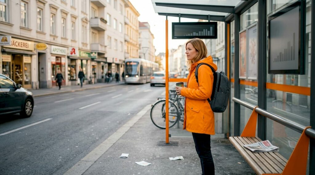 Eine Person steht in einer belebten Innenstadt und wartet, umgeben von Werbeplakaten und Leuchtreklamen.