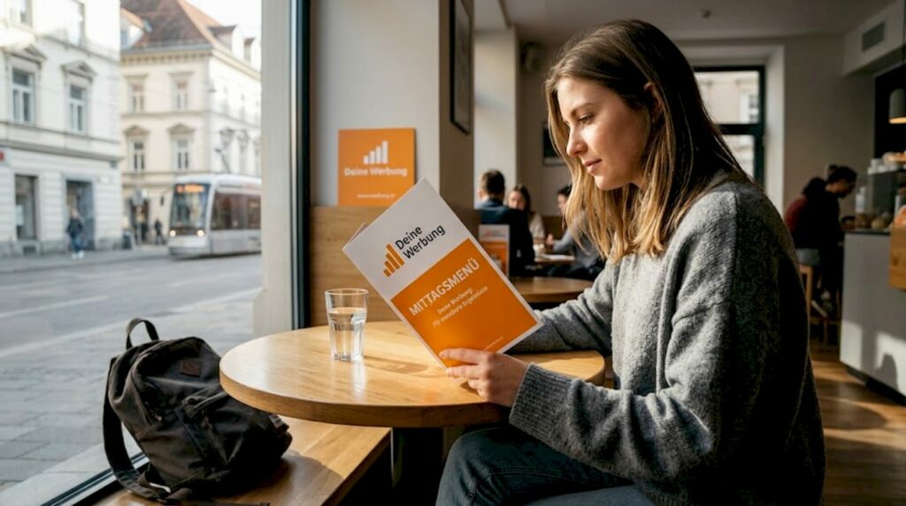 Eine junge Frau studiert die Mittagskarte im Café Graz.