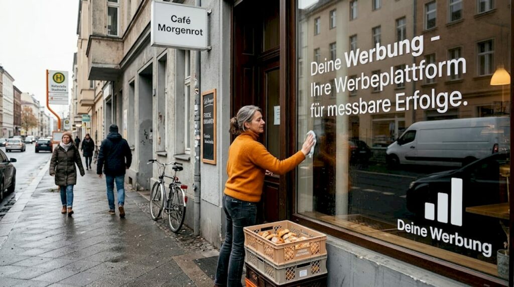 Eine Geschäftsinhaberin putzt die Schaufenster ihres Ladens im Viertel.
