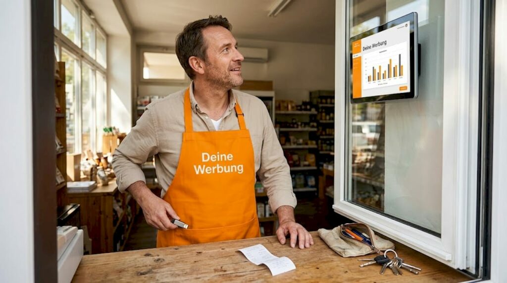 Ein Geschäftsinhaber begutachtet den digitalen Werbebildschirm in seinem Laden.