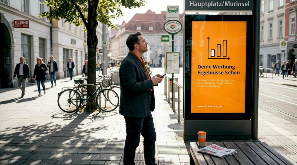Ein Pendler wirft auf dem Weg zur Arbeit einen Blick auf einen digitalen Werbebildschirm in der Innenstadt.