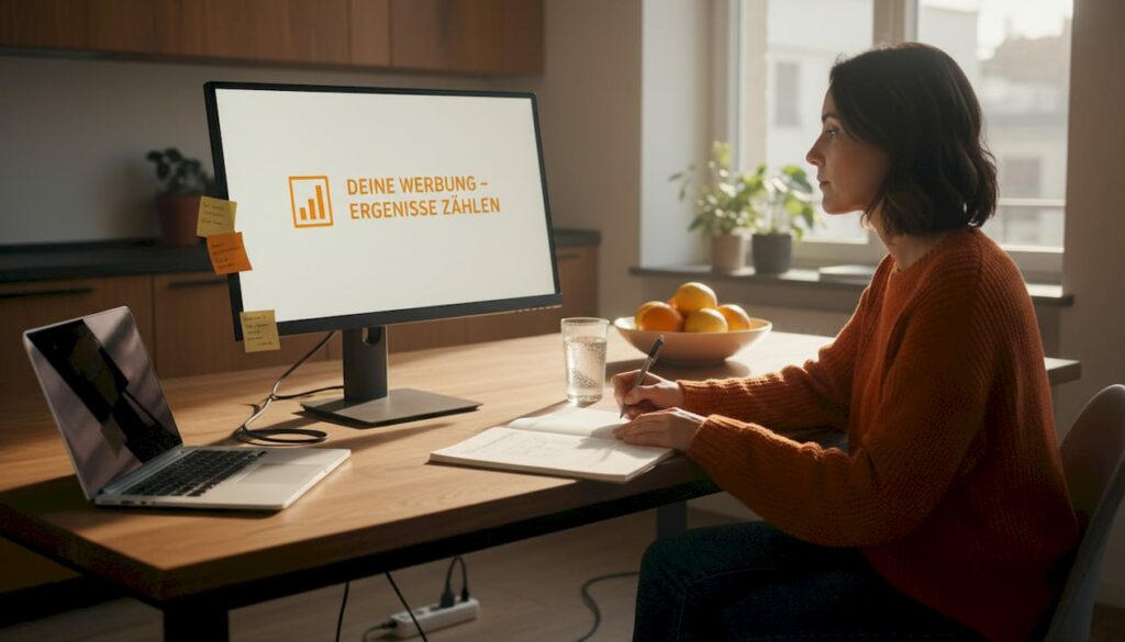 Eine junge Berufstätige arbeitet von zuhause aus an der Planung einer digitalen Werbekampagne.