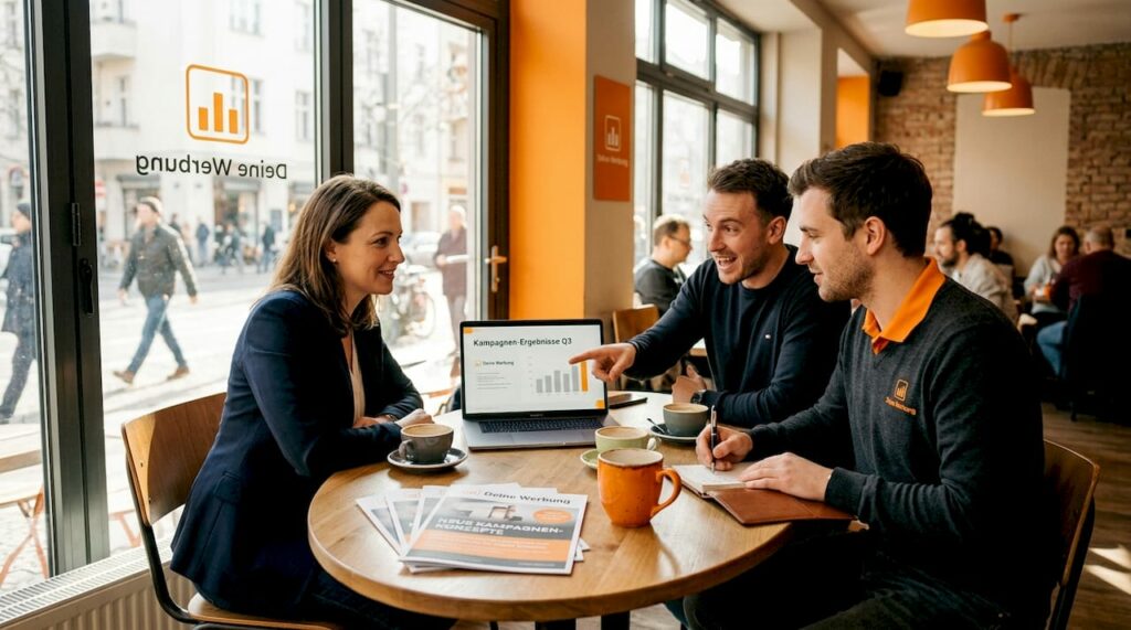 Im Büro tauscht sich das Team über die aktuelle Werbekampagne aus.