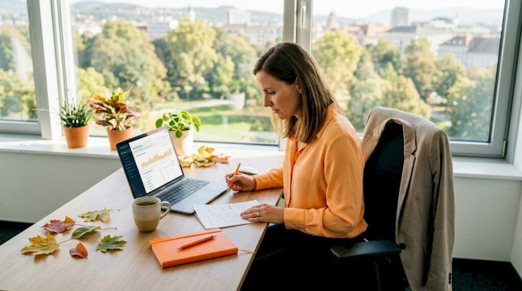 Eine Geschäftsfrau sitzt konzentriert an ihrem Schreibtisch, arbeitet am Laptop und macht sich dabei Notizen.