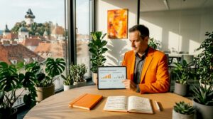 Im Büro überprüft der Marketingmanager, wie sichtbar das Unternehmen ist.