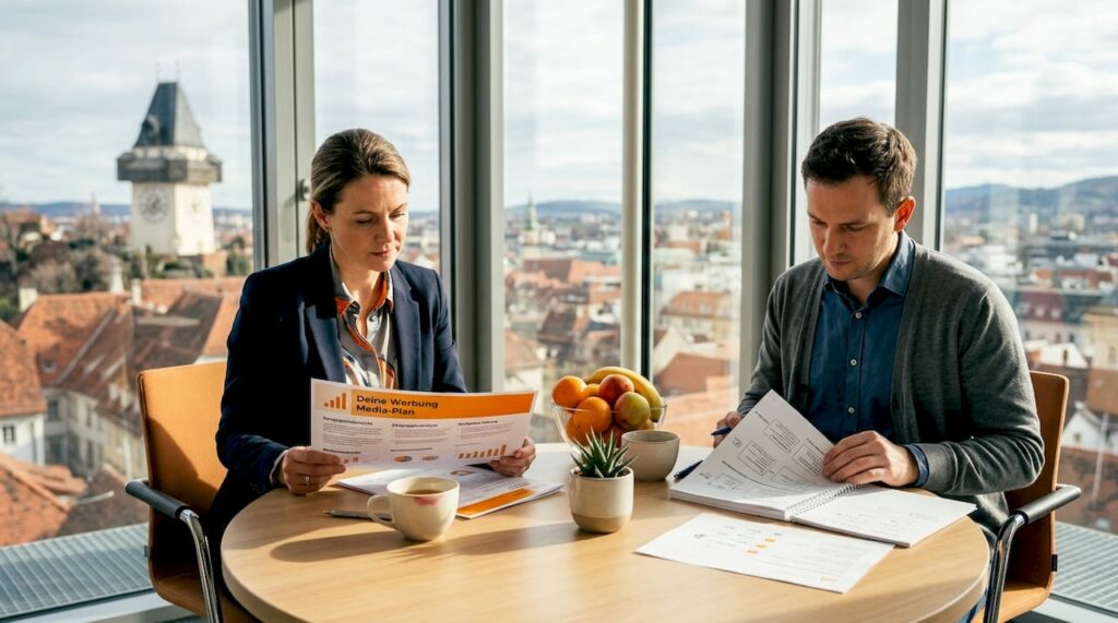 Das Marketing-Team bespricht im Büro verschiedene Werbeformate und prüft, welche am besten geeignet sind.