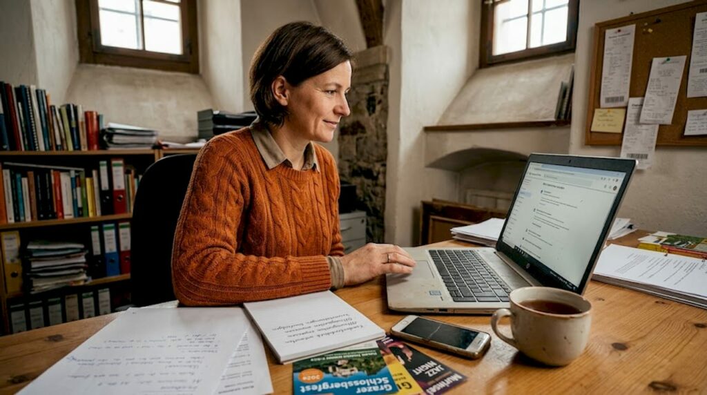 Eine Unternehmerin aktualisiert ihr Google-Unternehmensprofil in ihrem Grazer Büro.