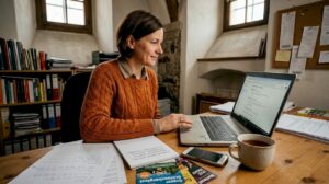 Eine Unternehmerin aktualisiert ihr Google-Unternehmensprofil in ihrem Grazer Büro.