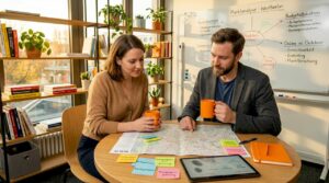 Ein Team tauscht sich im Büro über regionale Marketingstrategien aus.