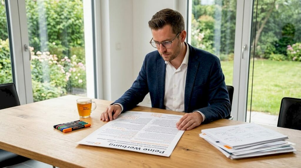 Ein Manager wirft einen kritischen Blick auf das überladene Design eines Werbeplakats.