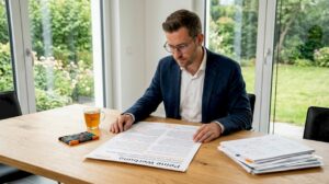 Ein Manager wirft einen kritischen Blick auf das überladene Design eines Werbeplakats.