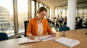 Die Personalverantwortliche nimmt die Ergebnisse der Arbeitgebermarkenanalyse genau unter die Lupe.