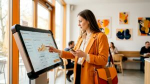 Eine Geschäftsfrau bedient einen digitalen Werbebildschirm.