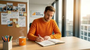 Eine Marketingfachkraft sitzt am Schreibtisch und sammelt kreative Ideen für neue Werbeslogans.