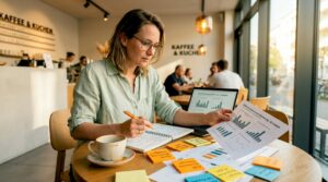 Geschäftsfrau prüft und optimiert ihre Marketingstrategie