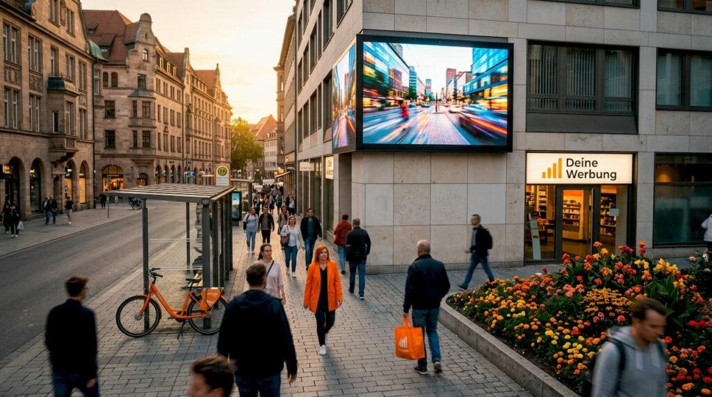 Digitale Werbetafel an einem belebten Platz mitten in der Stadt
