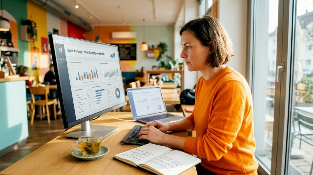 Eine Marketingmanagerin sitzt an ihrem Schreibtisch und arbeitet konzentriert an digitalen Kampagnen.