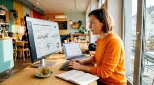 Eine Marketingmanagerin sitzt an ihrem Schreibtisch und arbeitet konzentriert an digitalen Kampagnen.