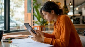 Eine Marketingmanagerin prüft Videoinhalte auf ihrem Tablet und bewertet deren Qualität und Wirkung.