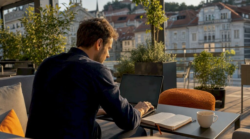 Ein junger Mann beschäftigt sich am Laptop mit digitalen Recruiting-Prozessen.