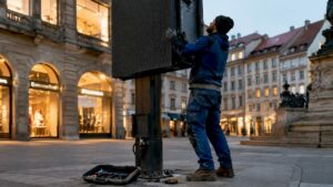 Ein Techniker montiert eine LED-Außenanzeige in Graz.