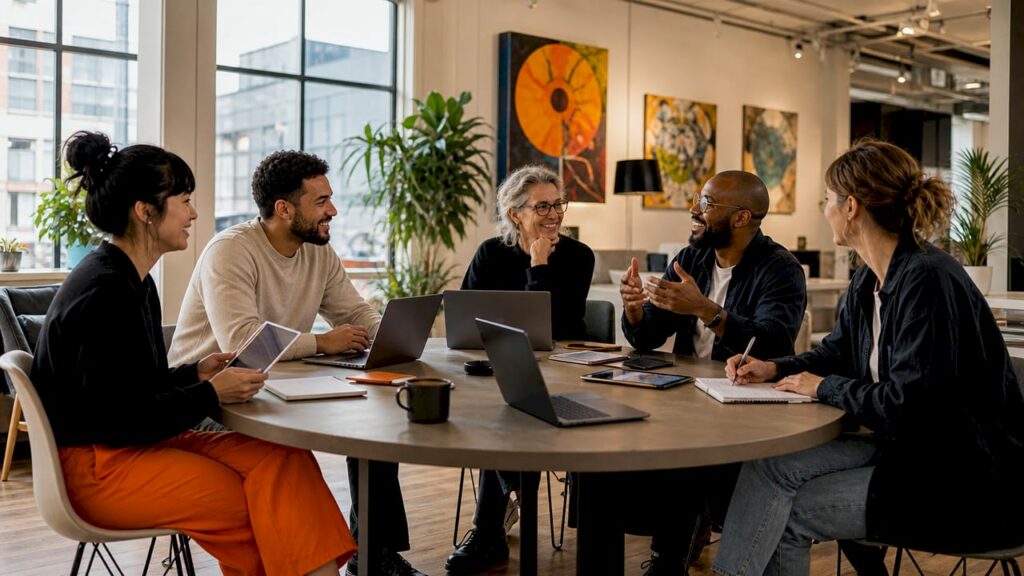 Das Marketingteam tauscht sich über Strategien zur Imagepflege aus.