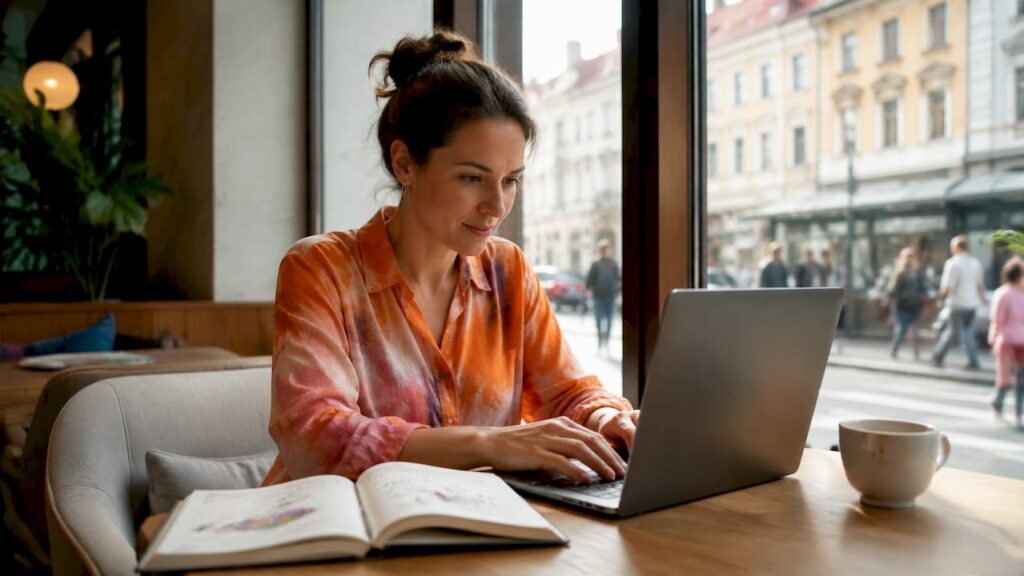 Eine Frau arbeitet in einem lichtdurchfluteten Homeoffice in Graz.