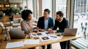 Das Marketingteam tauscht sich über Ideen für regionale Werbemaßnahmen aus.